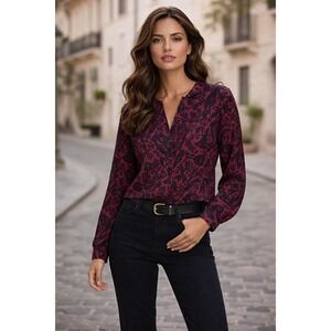 LOFT Top Womens Medium Burgundy Black Damask Sheer Pleated Whimsigoth Henley